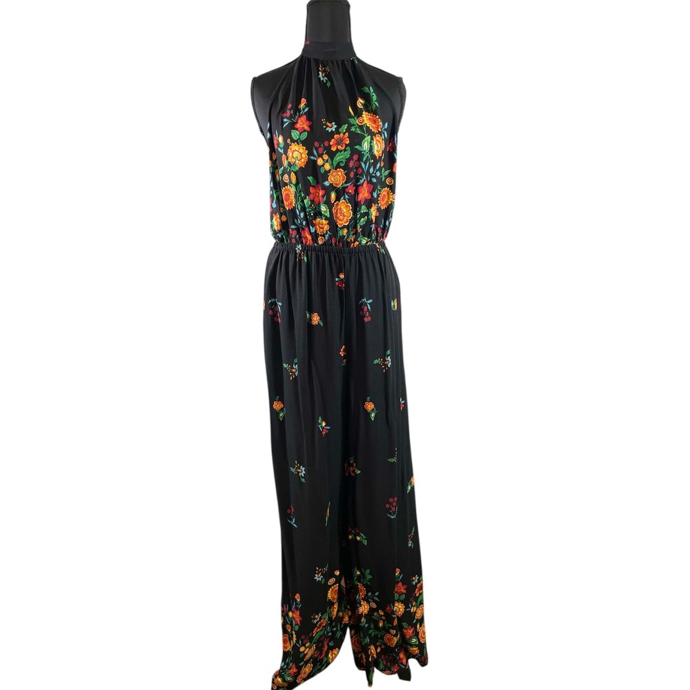 Forever 21 Women Size L Jumpsuit Contemporary‎ Black Floral Halter Wide Leg